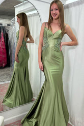 Dreamyannie Sage Prom Dress Mermaid Satin Spaghetti Straps Long Formal Dress With Appliques