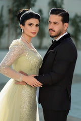 Dreamyannie Sage Prom Dress Mermaid Square Sleeves Sequined Panel Train Tulle Formal Dress With Rhinestones