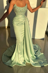 Dreamyannie Sage Prom Dress Mermaid Strapless Beading Jewel Sleeveless Formal Dress