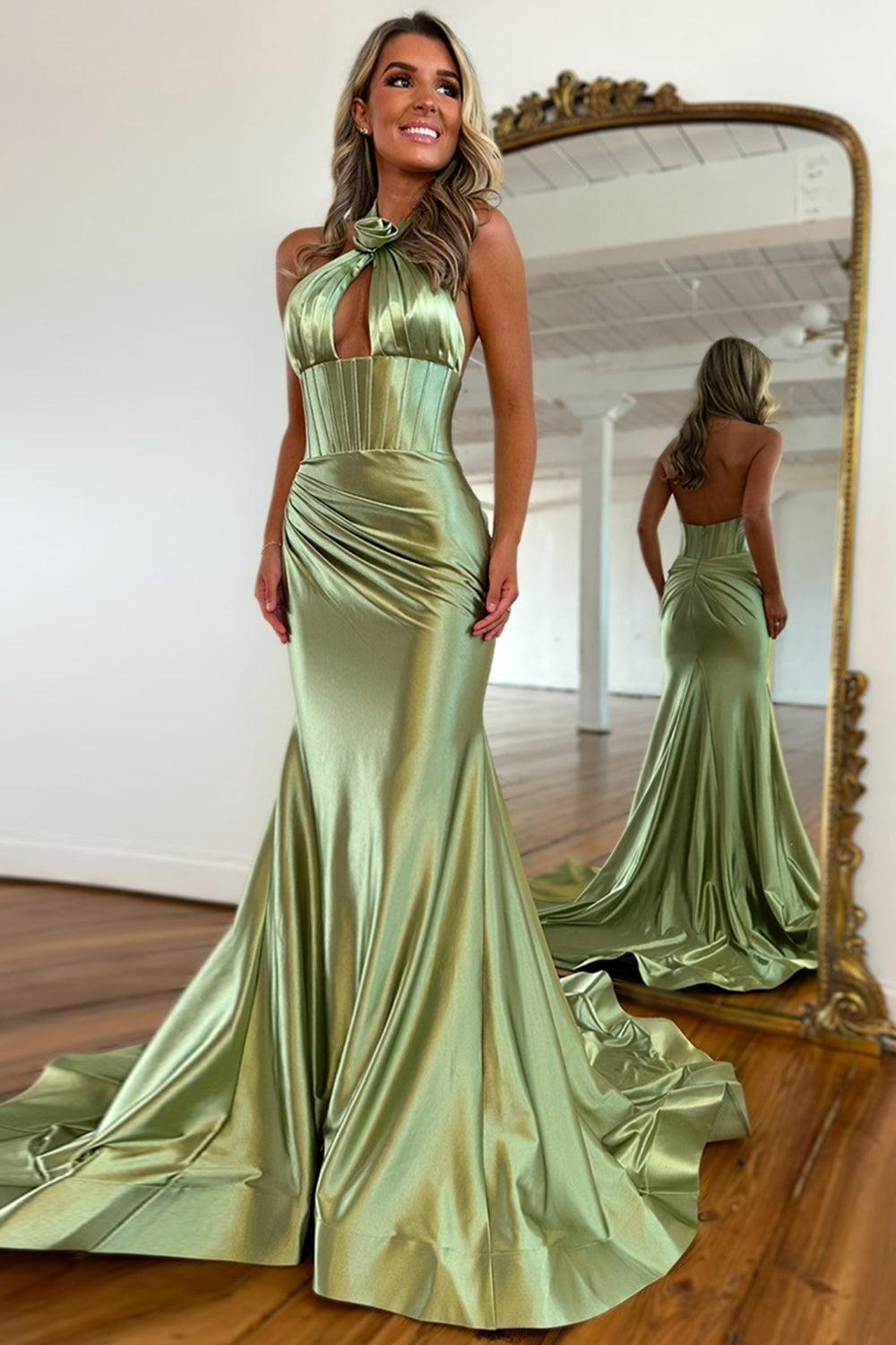 Dreamyannie Sage Prom Dress Satin Cross Halter Mermaid Formal Dress