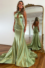 Dreamyannie Sage Prom Dress Satin Cross Halter Mermaid Formal Dress