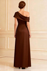 Dreamyannie Satin Chocolate One Shoulder A Line Long Mother Of The Bride Dress With Slit