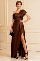 Dreamyannie Satin Chocolate One Shoulder A Line Long Mother Of The Bride Dress With Slit