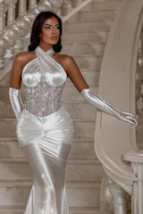 Dreamyannie Satin Halter Wedding Dress Sleeveless Silver Formal Dress With Sequined