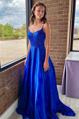 Dreamyannie Satin Royal Blue Prom Dress A Line Formal Dress With Beadings