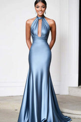 Dreamyannie Satin Sheath Grey Blue Wedding Guest Dress Halter Long Formal Dress