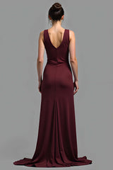 Dreamyannie Satin V-Neck Cabernet Sheath Long Formal Dress
