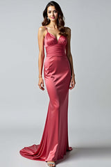 Dreamyannie Sheath Watermelon V-Neck Backless Long Formal Dress