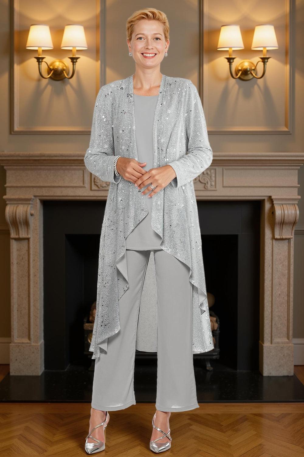 Dreamyannie Silver Chiffon Beaded 3 Piece Mother Of The Bride Pant Suits With Jacket