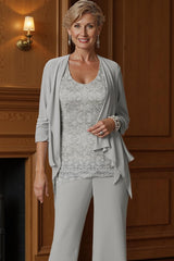 Dreamyannie Silver Chiffon Scoop Neck 3 Piece Mother Of The Bride Pant Suits With Jacket