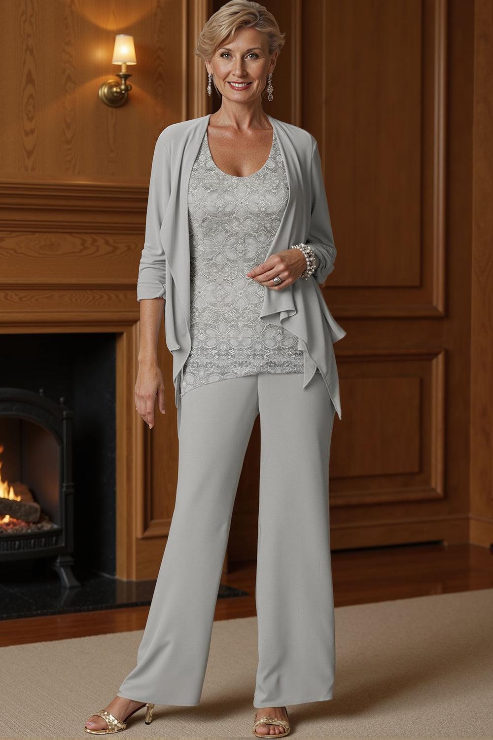 Dreamyannie Silver Chiffon Scoop Neck 3 Piece Mother Of The Bride Pant Suits With Jacket