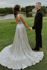 Dreamyannie Silver Prom Dress A Line Halter Pleated Formal Dress With Rhinestones