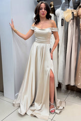 Dreamyannie Silver Prom Dress A Line Strapless Off The Shoulder Sleeveless Simple Satin Formal Dress With Slit