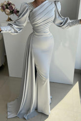 Dreamyannie Silver Prom Dress Mermaid Satin Pleated Sleeves Formal Dress With Side Slit