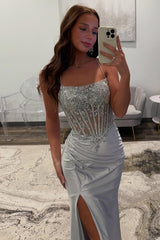 Dreamyannie Silver Prom Dress Satin Corset Long Formal Dress With Slit