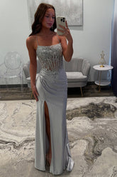 Dreamyannie Silver Prom Dress Satin Corset Long Formal Dress With Slit