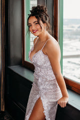 Dreamyannie Silver Prom Dress V-Neck Mermaid Slit Formal Dress