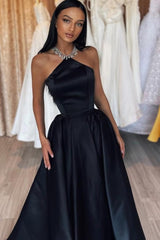 Dreamyannie Simple Black Prom Dress A Line Halter Satin Sleeveless Formal Dress