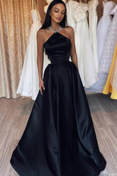 Dreamyannie Simple Black Prom Dress A Line Halter Satin Sleeveless Formal Dress