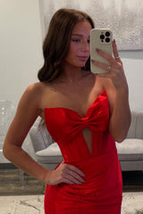 Dreamyannie Simple Corset Red Prom Dress Satin Sweetheart Long Formal Dress With Slit