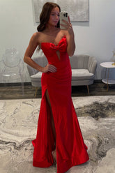 Dreamyannie Simple Corset Red Prom Dress Satin Sweetheart Long Formal Dress With Slit