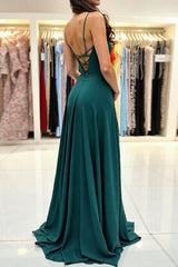 Dreamyannie Simple Dark Green Prom Dress Spaghetti Straps A Line Long Formal Dress With Slit