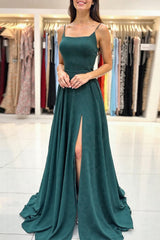 Dreamyannie Simple Dark Green Prom Dress Spaghetti Straps A Line Long Formal Dress With Slit