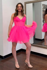 Dreamyannie Simple Fuchsia A Line Homecoming Dresses Short Corset Cocktail Dresses