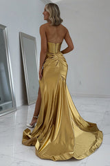Dreamyannie Simple Gold Prom Dress Corset Strapless Long Formal Dress With Slit