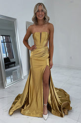 Dreamyannie Simple Gold Prom Dress Corset Strapless Long Formal Dress With Slit