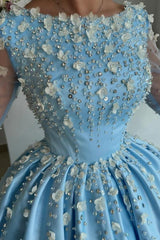 Dreamyannie Sky Blue Prom Dress A Line Satin Rhinestones Formal Dress With Sleeves