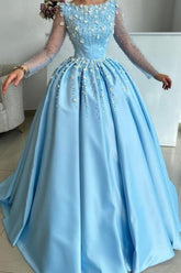 Dreamyannie Sky Blue Prom Dress A Line Satin Rhinestones Formal Dress With Sleeves