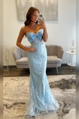 Dreamyannie Sky Blue Prom Dress Floral Mermaid Strapless Long Formal Dress With Bow