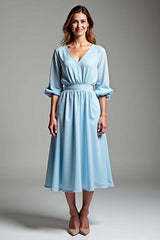 Dreamyannie Sky Blue Wedding Guest Dress V-Neck Knee-Length Formal Dress With Half Sleeves