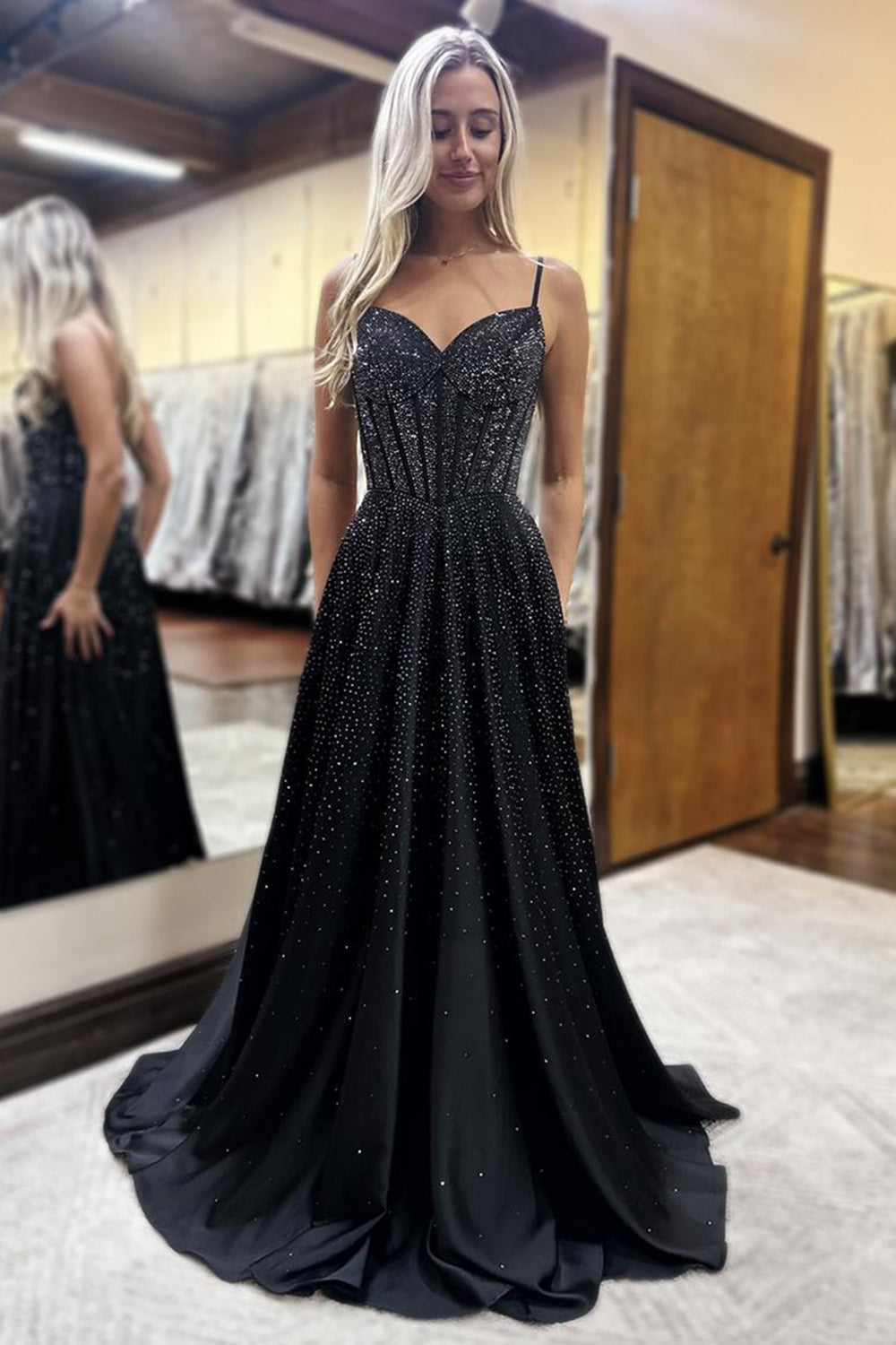 Dreamyannie Spaghetti Straps Black Prom Dress A Line Long Formal Dress With Beadings