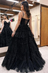 Dreamyannie Spaghetti Straps Black Prom Dress Ruffled Long Formal Dress