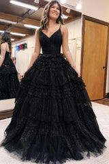 Dreamyannie Spaghetti Straps Black Prom Dress Ruffled Long Formal Dress
