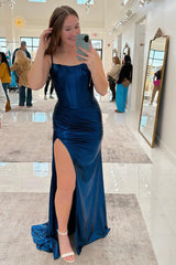 Dreamyannie Spaghetti Straps Gold Prom Dress Metallic Long Formal Dress With Slit