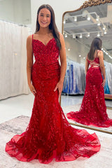 Dreamyannie Spaghetti Straps Red Prom Dress Mermaid Long Formal Dress With Sequins