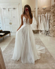 Dreamyannie Spaghetti Straps Wedding Dress A Line Tulle Bridal Dress with Lace Appliques