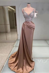 Dreamyannie Sparkly Sequins V Neck Prom Dress Sleeveless Satin Formal Dress