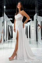 Dreamyannie Strapless Metallic Ivory Wedding Dress Corset Side Cape Formal Dress With Slit