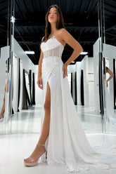 Dreamyannie Strapless Metallic Ivory Wedding Dress Corset Side Cape Formal Dress With Slit