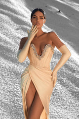 Dreamyannie Strapless Satin Prom Dress Beaded Formal Dress with Split