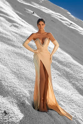 Dreamyannie Strapless Satin Prom Dress Beaded Formal Dress with Split