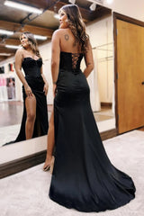 Dreamyannie Sweetheart Black Prom Dress Long Corset Formal Dress With Slit