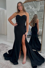 Dreamyannie Sweetheart Black Prom Dress Mermaid Long Formal Dress With Slit