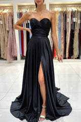 Dreamyannie Sweetheart Black Prom Dress Satin Ruched Long Formal Dress With Slit