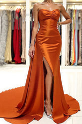Dreamyannie Sweetheart Orange Prom Dress Satin Long Side Cape Formal Dress With Slit