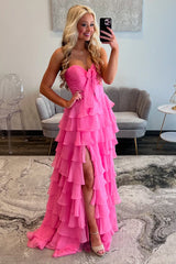 Dreamyannie Tiered Fuchsia Prom Dress A-Line Sweetheart Formal Dress With Slit